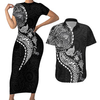 Hawaiian Kakau Tribal Sea Animals Tattoos Couples Matching Short Sleeve Bodycon Dress and Hawaiian Shirt Black Color