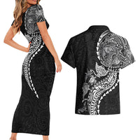 Hawaiian Kakau Tribal Sea Animals Tattoos Couples Matching Short Sleeve Bodycon Dress and Hawaiian Shirt Black Color