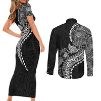 Hawaiian Kakau Tribal Sea Animals Tattoos Couples Matching Short Sleeve Bodycon Dress and Long Sleeve Button Shirt Black Color