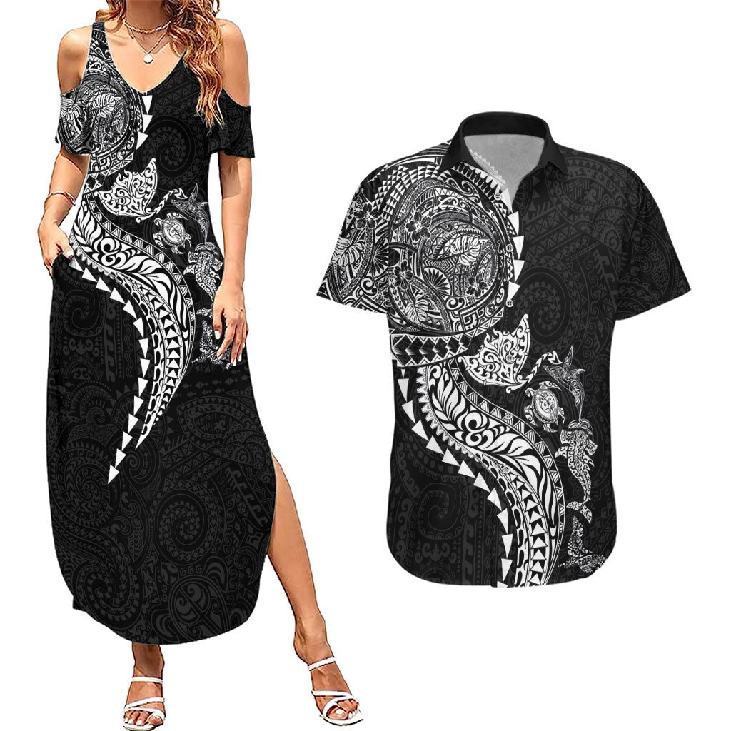 Hawaiian Kakau Tribal Sea Animals Tattoos Couples Matching Summer Maxi Dress and Hawaiian Shirt Black Color