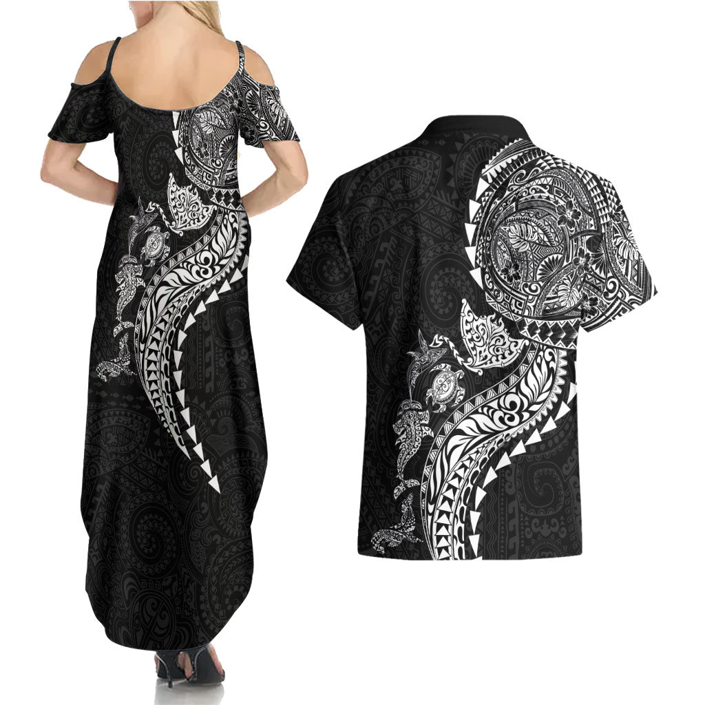 Hawaiian Kakau Tribal Sea Animals Tattoos Couples Matching Summer Maxi Dress and Hawaiian Shirt Black Color