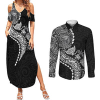 Hawaiian Kakau Tribal Sea Animals Tattoos Couples Matching Summer Maxi Dress and Long Sleeve Button Shirt Black Color