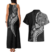 Hawaiian Kakau Tribal Sea Animals Tattoos Couples Matching Tank Maxi Dress and Hawaiian Shirt Black Color