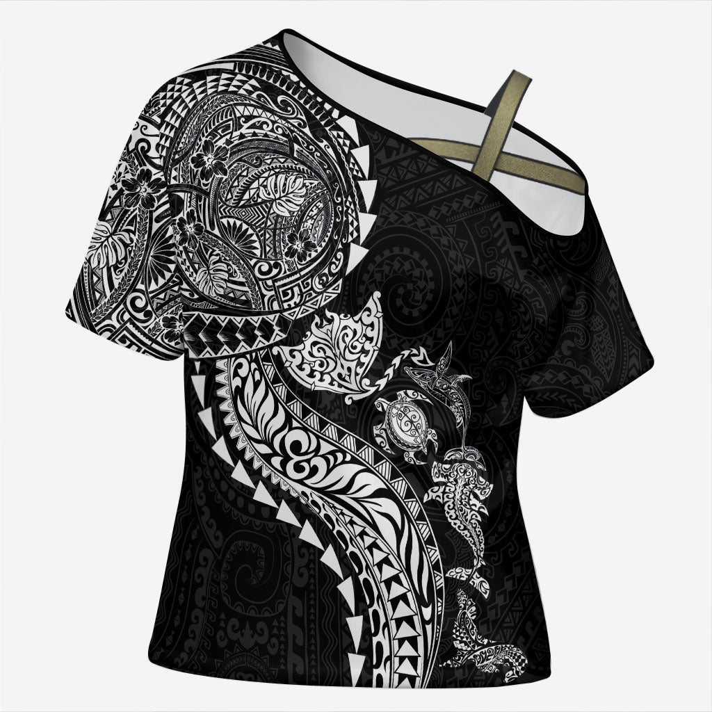 Hawaiian Kakau Tribal Sea Animals Tattoos Cross Shoulder Shirt Black Color