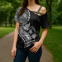 Hawaiian Kakau Tribal Sea Animals Tattoos Cross Shoulder Shirt Black Color