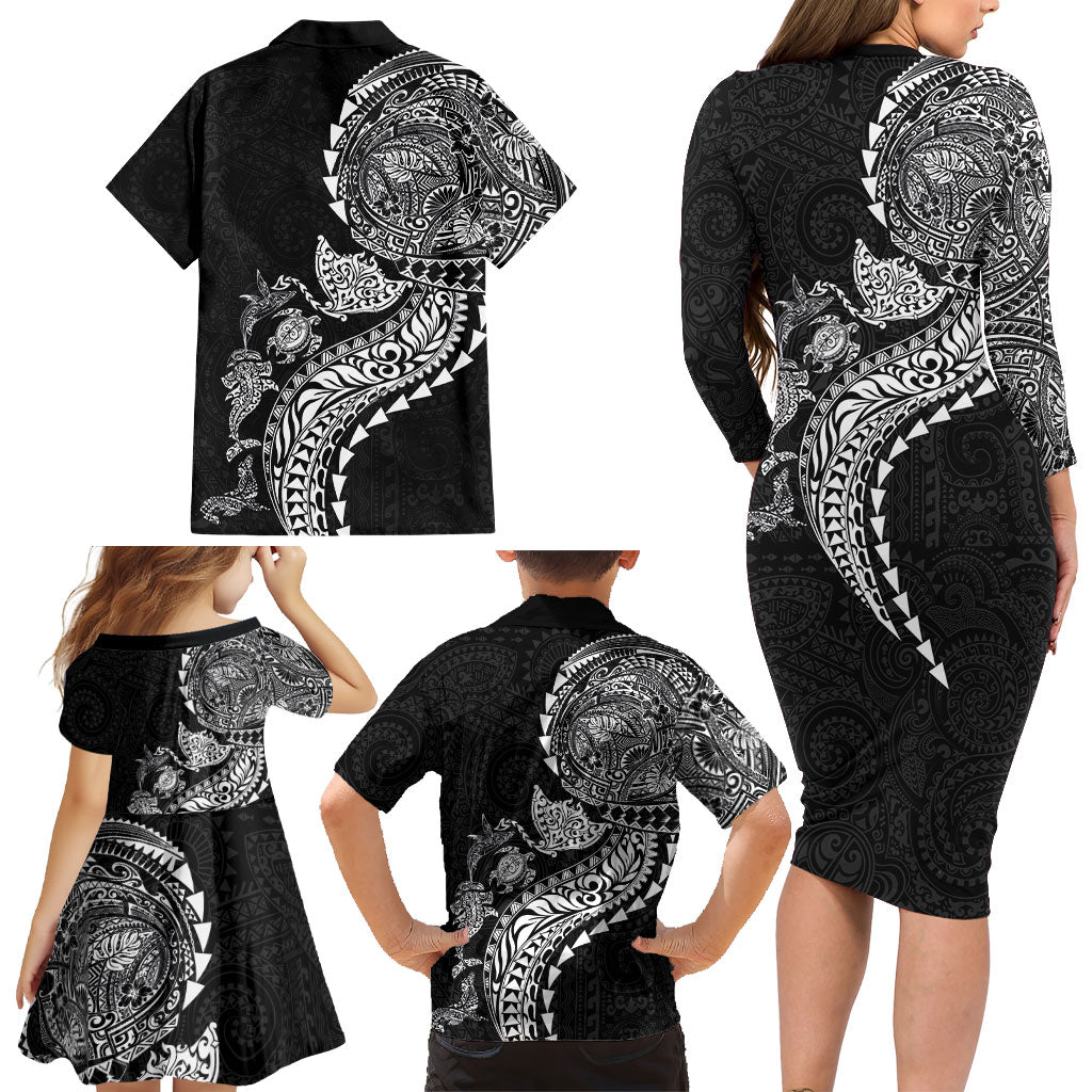 Hawaiian Kakau Tribal Sea Animals Tattoos Family Matching Long Sleeve Bodycon Dress and Hawaiian Shirt Black Color