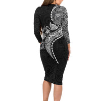 Hawaiian Kakau Tribal Sea Animals Tattoos Family Matching Long Sleeve Bodycon Dress and Hawaiian Shirt Black Color