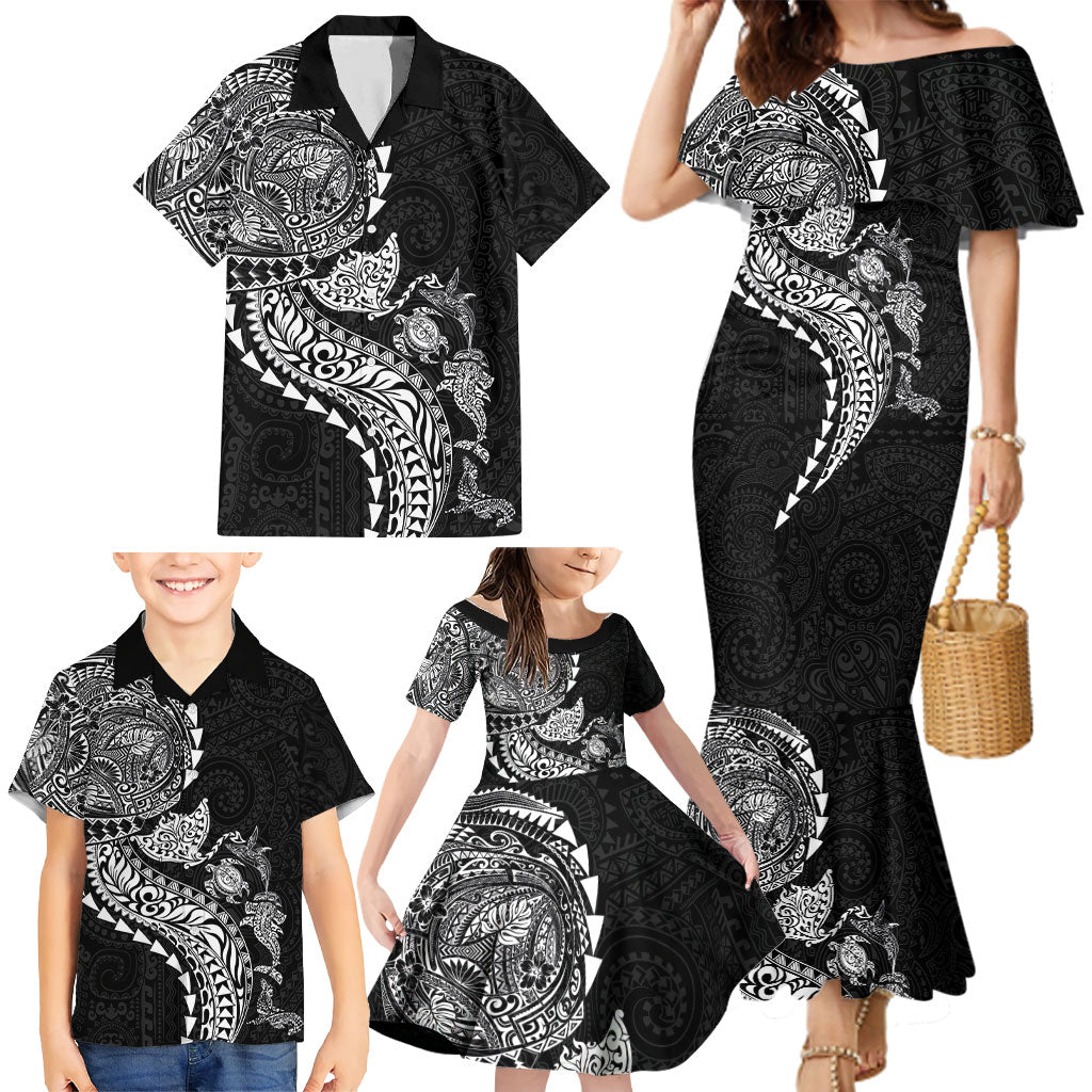Hawaiian Kakau Tribal Sea Animals Tattoos Family Matching Mermaid Dress and Hawaiian Shirt Black Color