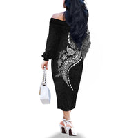 Hawaiian Kakau Tribal Sea Animals Tattoos Family Matching Off The Shoulder Long Sleeve Dress and Hawaiian Shirt Black Color