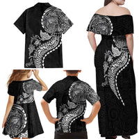 Hawaiian Kakau Tribal Sea Animals Tattoos Family Matching Off Shoulder Maxi Dress and Hawaiian Shirt Black Color