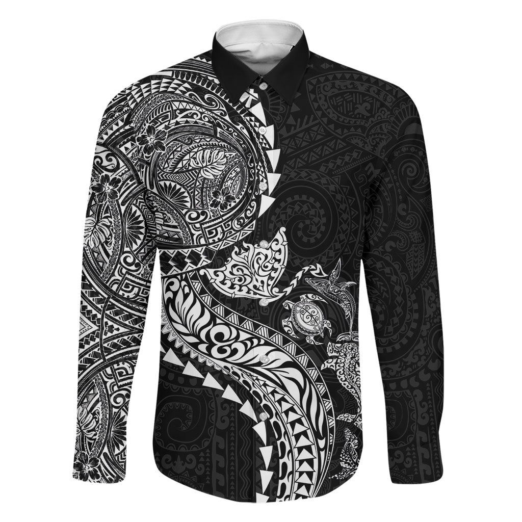 Hawaiian Kakau Tribal Sea Animals Tattoos Family Matching Off Shoulder Maxi Dress and Hawaiian Shirt Black Color