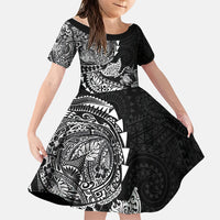 Hawaiian Kakau Tribal Sea Animals Tattoos Family Matching Off Shoulder Short Dress and Hawaiian Shirt Black Color
