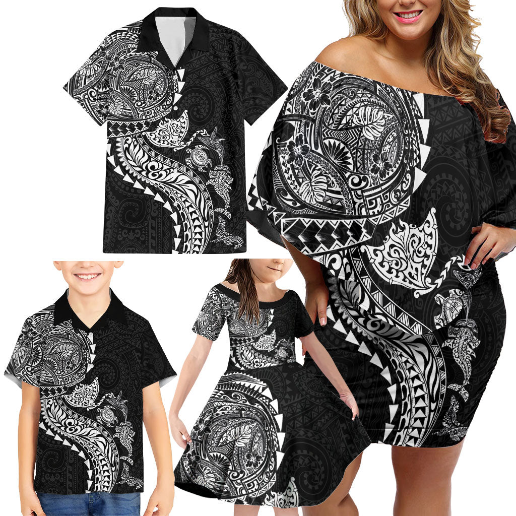 Hawaiian Kakau Tribal Sea Animals Tattoos Family Matching Off Shoulder Short Dress and Hawaiian Shirt Black Color