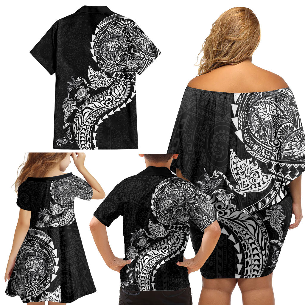 Hawaiian Kakau Tribal Sea Animals Tattoos Family Matching Off Shoulder Short Dress and Hawaiian Shirt Black Color