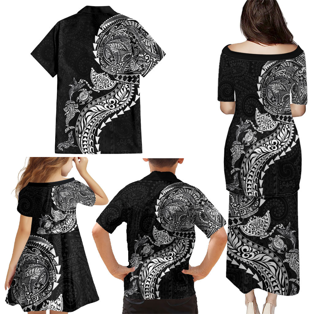 Hawaiian Kakau Tribal Sea Animals Tattoos Family Matching Puletasi and Hawaiian Shirt Black Color