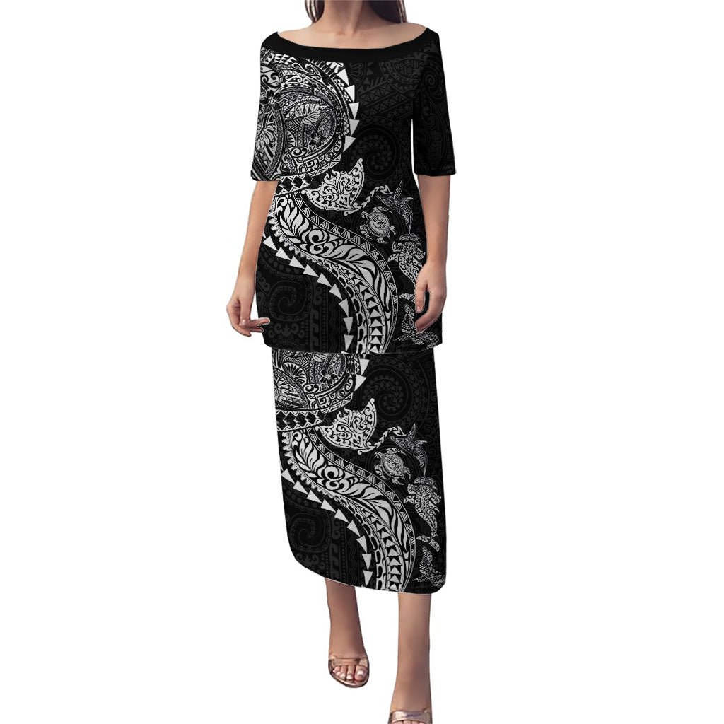 Hawaiian Kakau Tribal Sea Animals Tattoos Family Matching Puletasi and Hawaiian Shirt Black Color