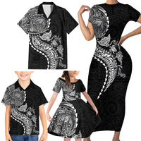 Hawaiian Kakau Tribal Sea Animals Tattoos Family Matching Short Sleeve Bodycon Dress and Hawaiian Shirt Black Color