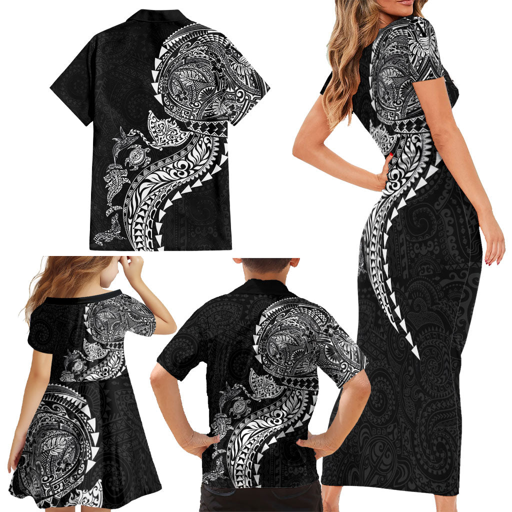 Hawaiian Kakau Tribal Sea Animals Tattoos Family Matching Short Sleeve Bodycon Dress and Hawaiian Shirt Black Color