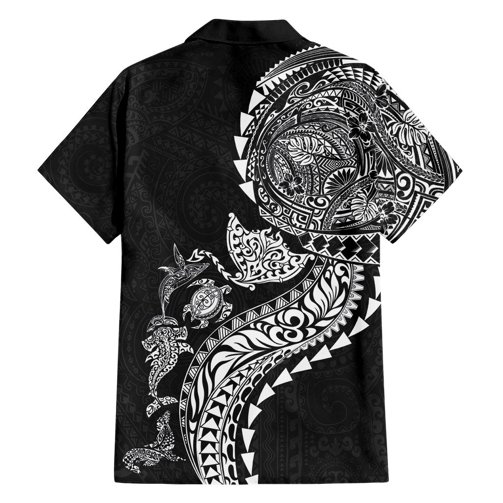 Hawaiian Kakau Tribal Sea Animals Tattoos Family Matching Short Sleeve Bodycon Dress and Hawaiian Shirt Black Color