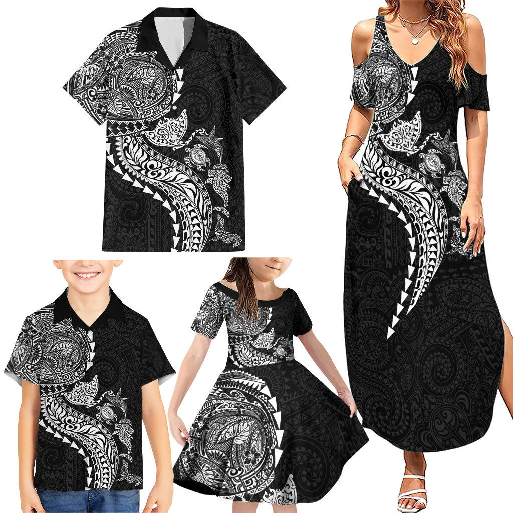 Hawaiian Kakau Tribal Sea Animals Tattoos Family Matching Summer Maxi Dress and Hawaiian Shirt Black Color
