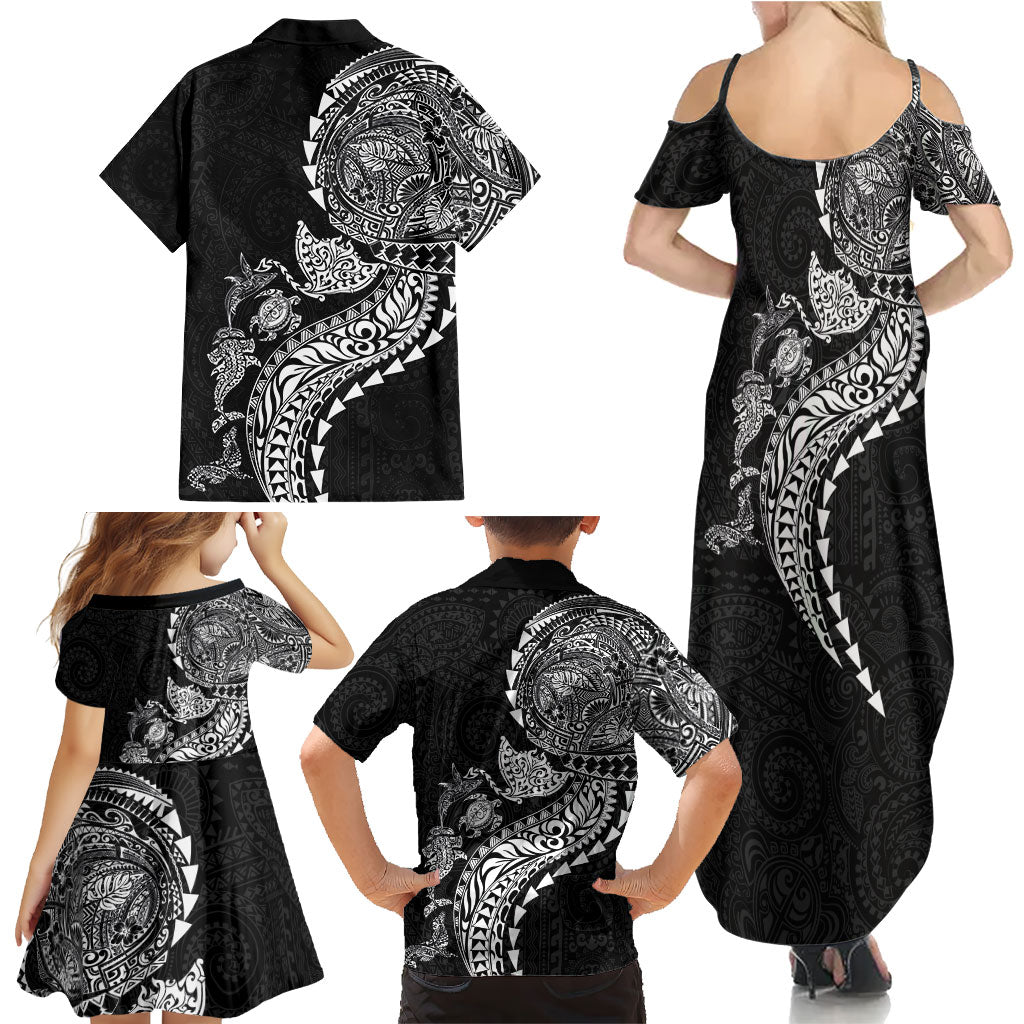 Hawaiian Kakau Tribal Sea Animals Tattoos Family Matching Summer Maxi Dress and Hawaiian Shirt Black Color