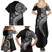 Hawaiian Kakau Tribal Sea Animals Tattoos Family Matching Summer Maxi Dress and Hawaiian Shirt Black Color