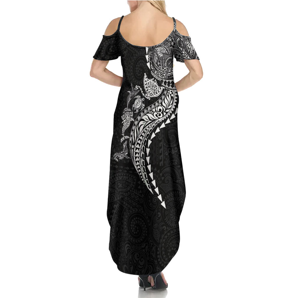 Hawaiian Kakau Tribal Sea Animals Tattoos Family Matching Summer Maxi Dress and Hawaiian Shirt Black Color