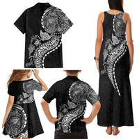 Hawaiian Kakau Tribal Sea Animals Tattoos Family Matching Tank Maxi Dress and Hawaiian Shirt Black Color