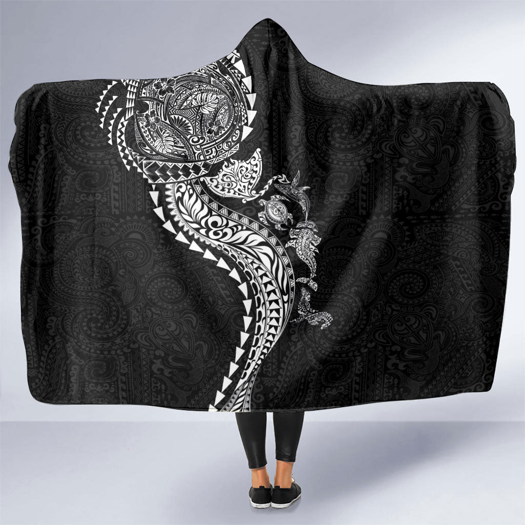 Hawaiian Kakau Tribal Sea Animals Tattoos Hooded Blanket Black Color LT03 One Size Black - Polynesian Pride