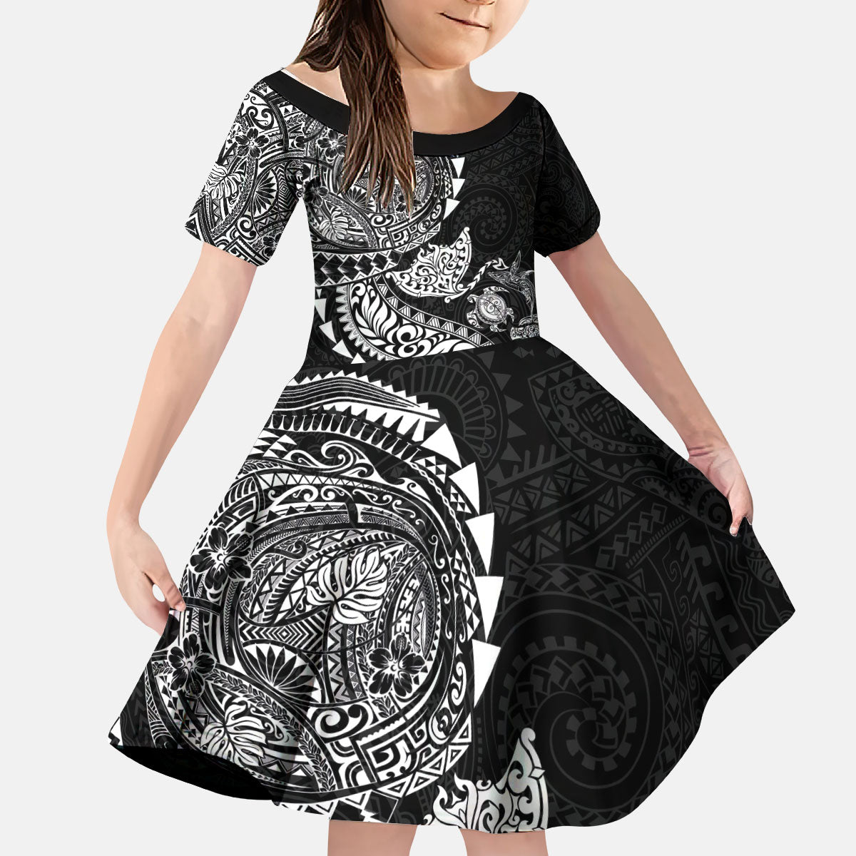 Hawaiian Kakau Tribal Sea Animals Tattoos Kid Short Sleeve Dress Black Color