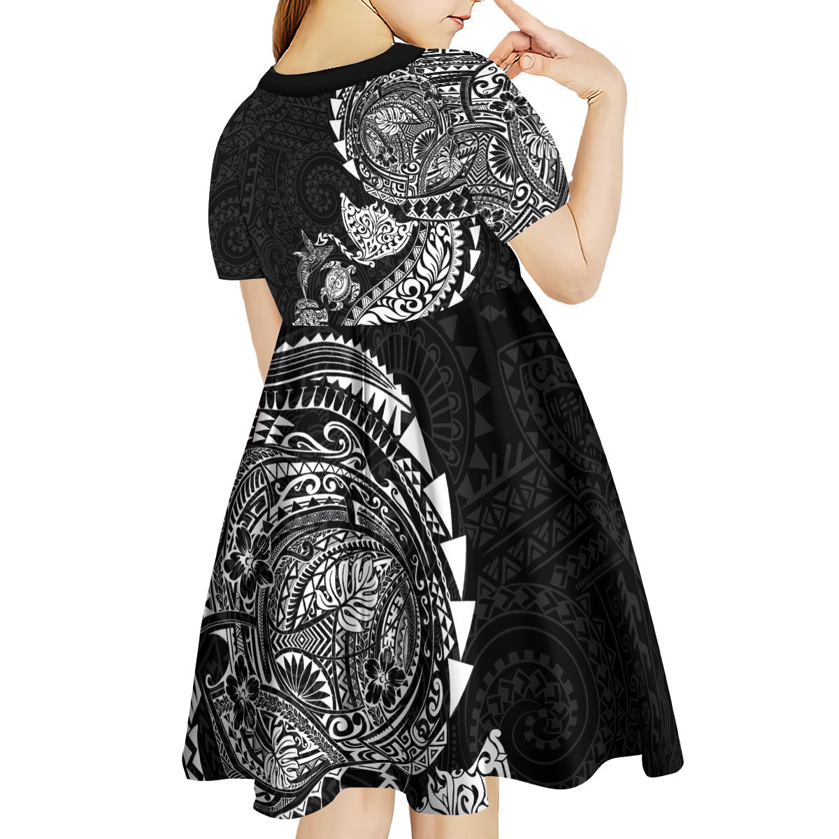 Hawaiian Kakau Tribal Sea Animals Tattoos Kid Short Sleeve Dress Black Color