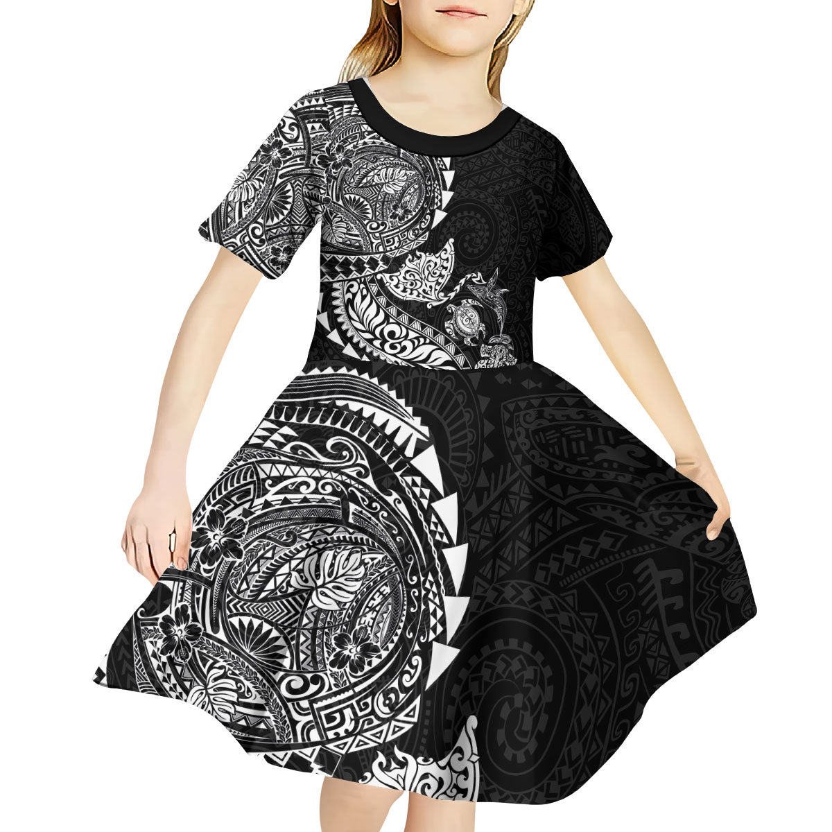 Hawaiian Kakau Tribal Sea Animals Tattoos Kid Short Sleeve Dress Black Color