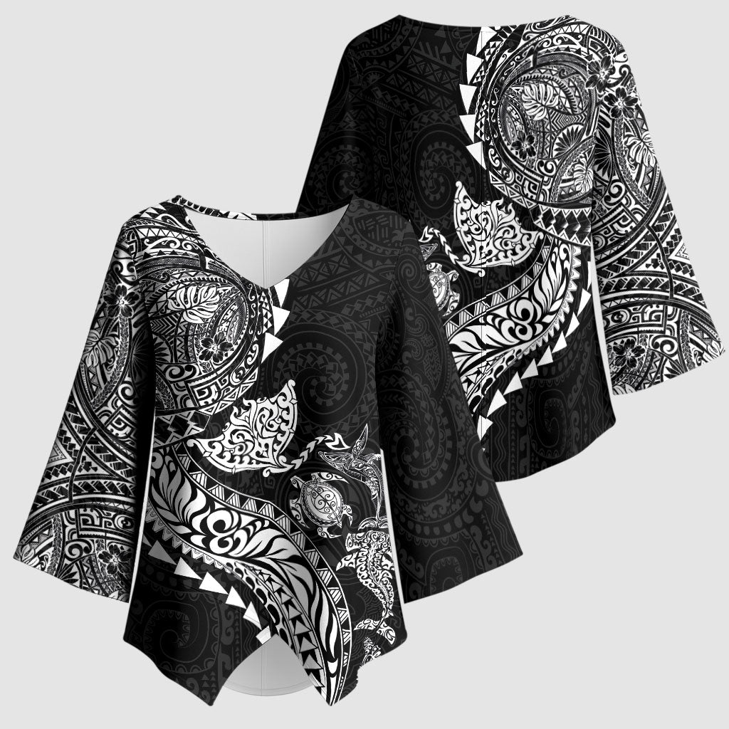 Hawaiian Kakau Tribal Sea Animals Tattoos Kimono Sleeve Blouse Black Color