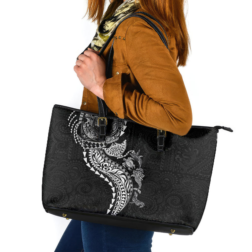 Hawaiian Kakau Tribal Sea Animals Tattoos Leather Tote Bag Black Color LT03 Black - Polynesian Pride
