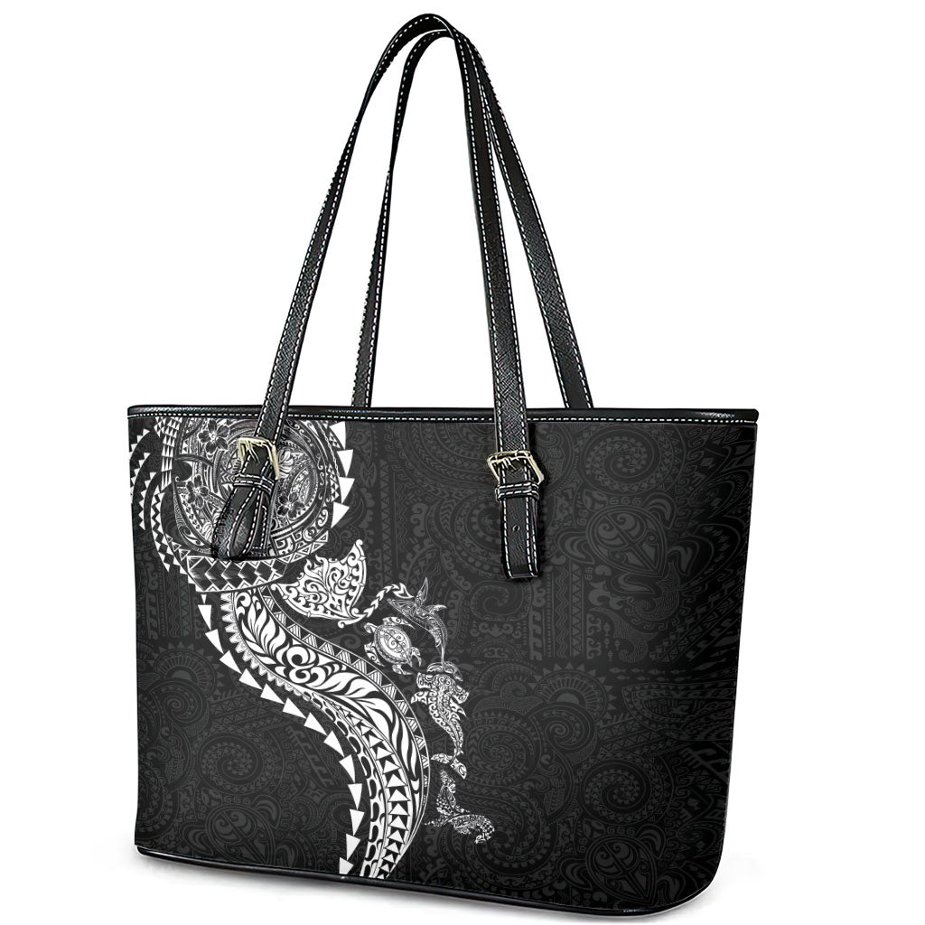 Hawaiian Kakau Tribal Sea Animals Tattoos Leather Tote Bag Black Color LT03 - Polynesian Pride