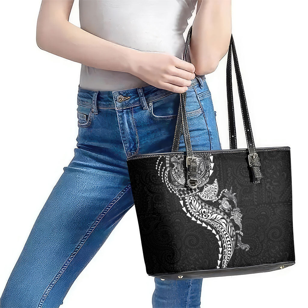 Hawaiian Kakau Tribal Sea Animals Tattoos Leather Tote Bag Black Color LT03 - Polynesian Pride