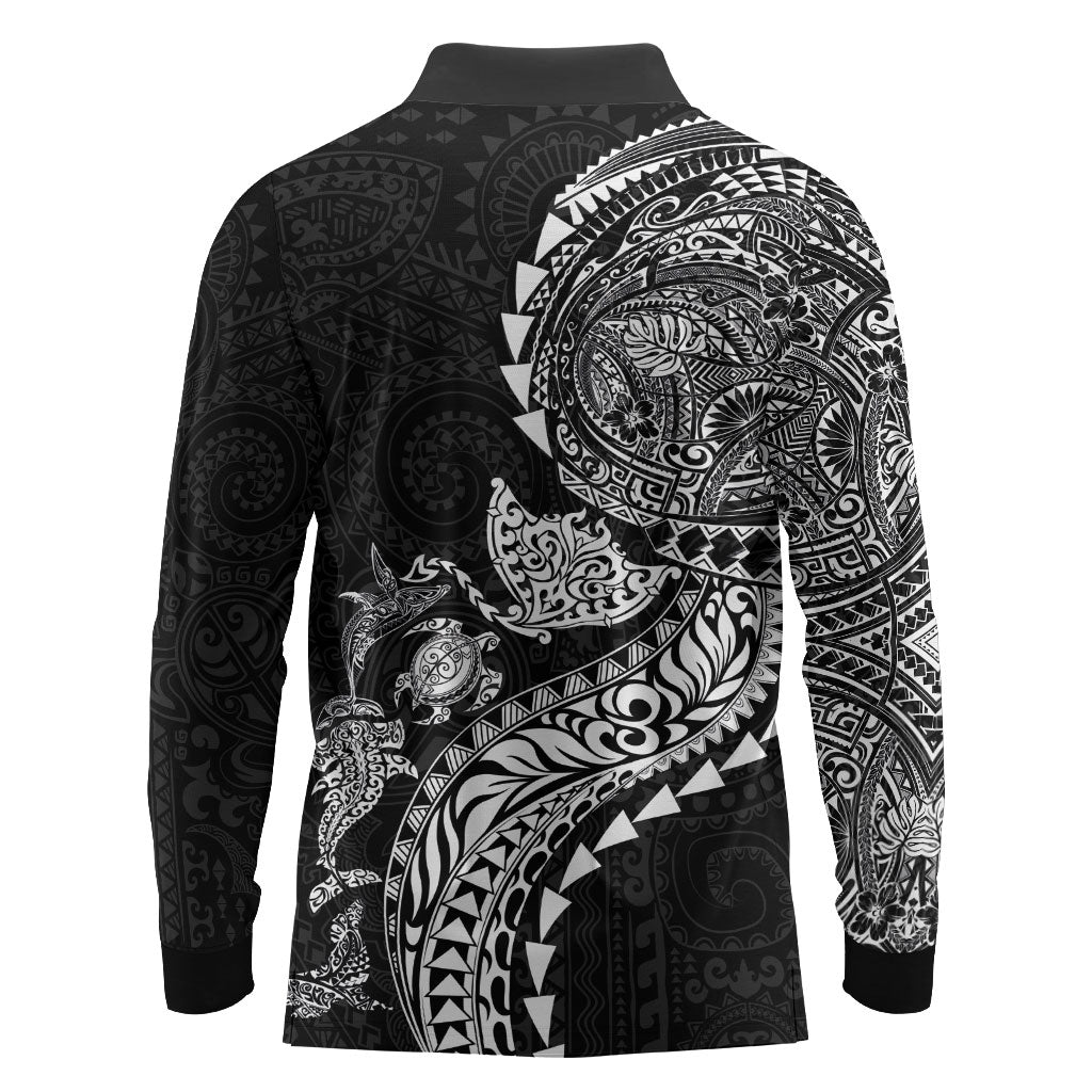 Hawaiian Kakau Tribal Sea Animals Tattoos Long Sleeve Polo Shirt Black Color
