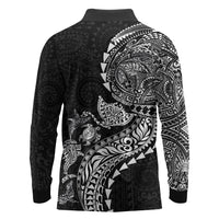 Hawaiian Kakau Tribal Sea Animals Tattoos Long Sleeve Polo Shirt Black Color