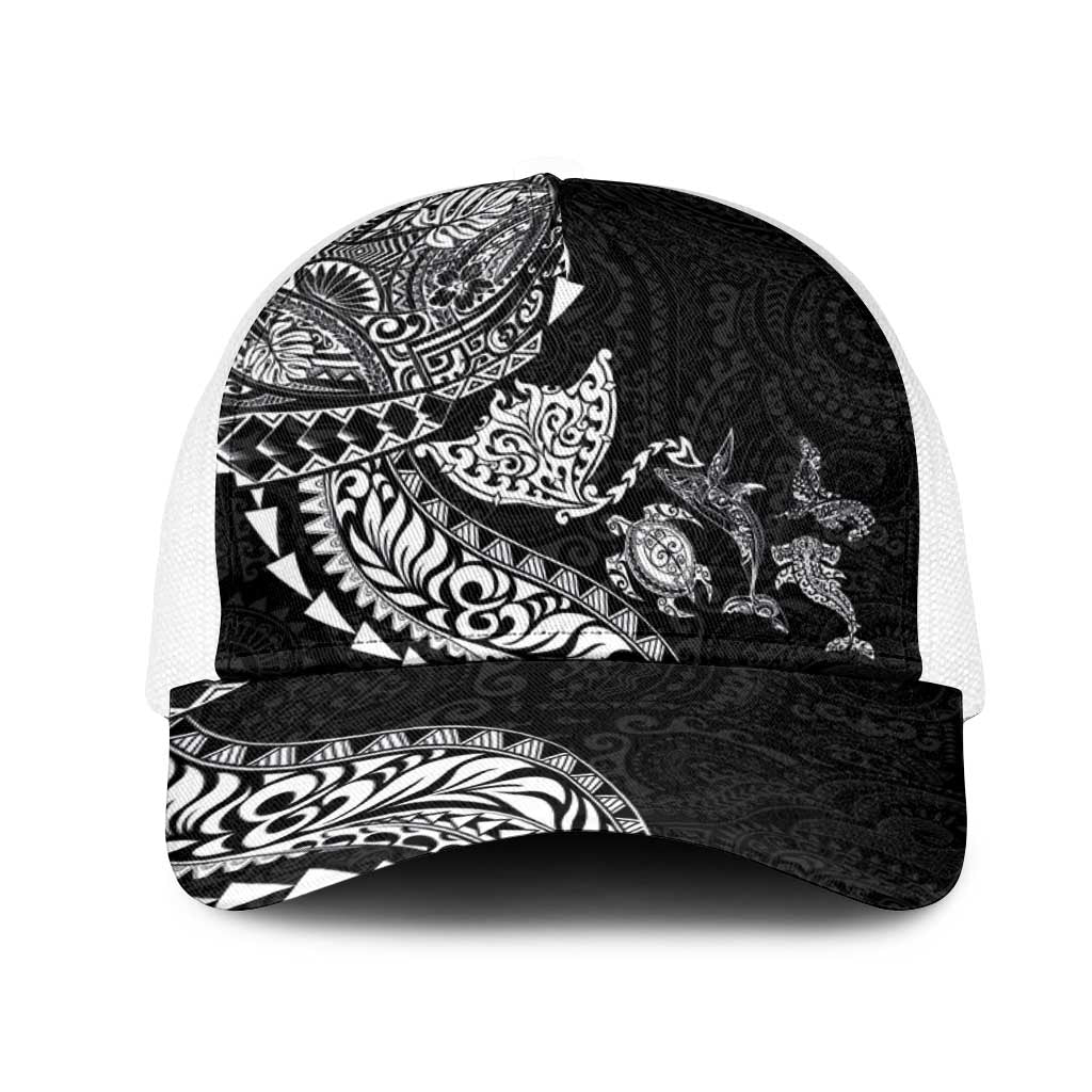 Hawaiian Kakau Tribal Sea Animals Tattoos Mesh Trucker Cap Black Color