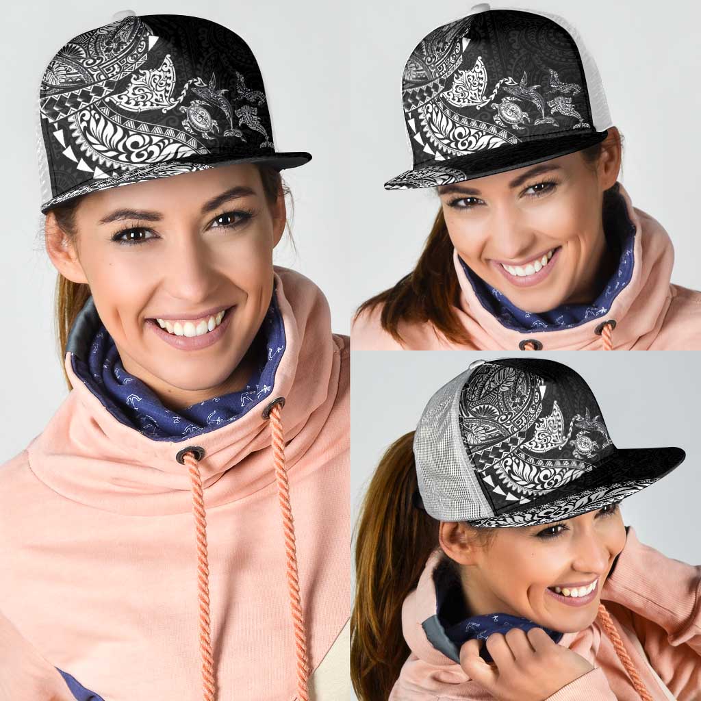 Hawaiian Kakau Tribal Sea Animals Tattoos Mesh Trucker Cap Black Color