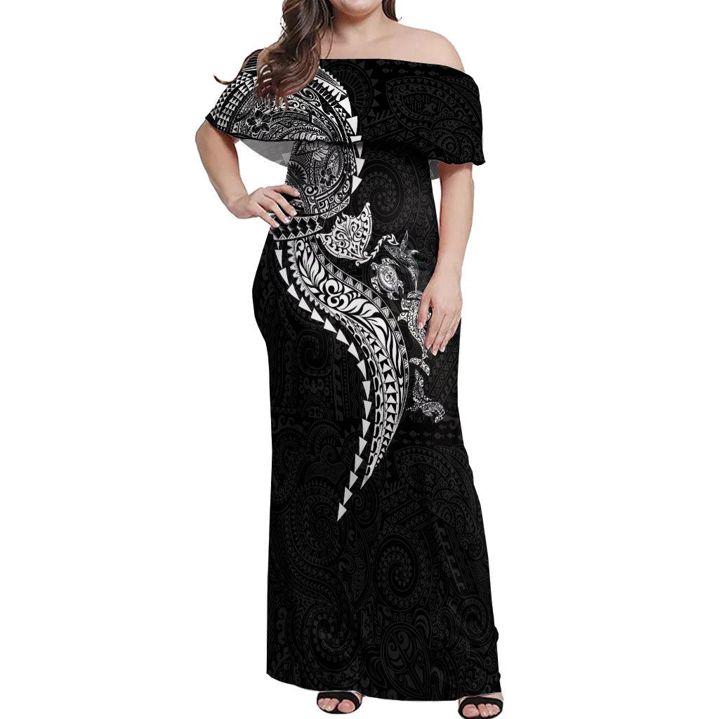 Hawaiian Kakau Tribal Sea Animals Tattoos Off Shoulder Maxi Dress Black Color