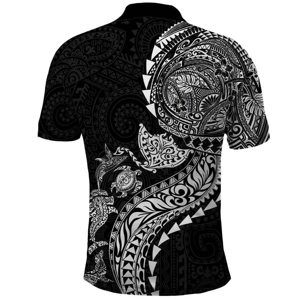 Hawaiian Kakau Tribal Sea Animals Tattoos Polo Shirt Black Color