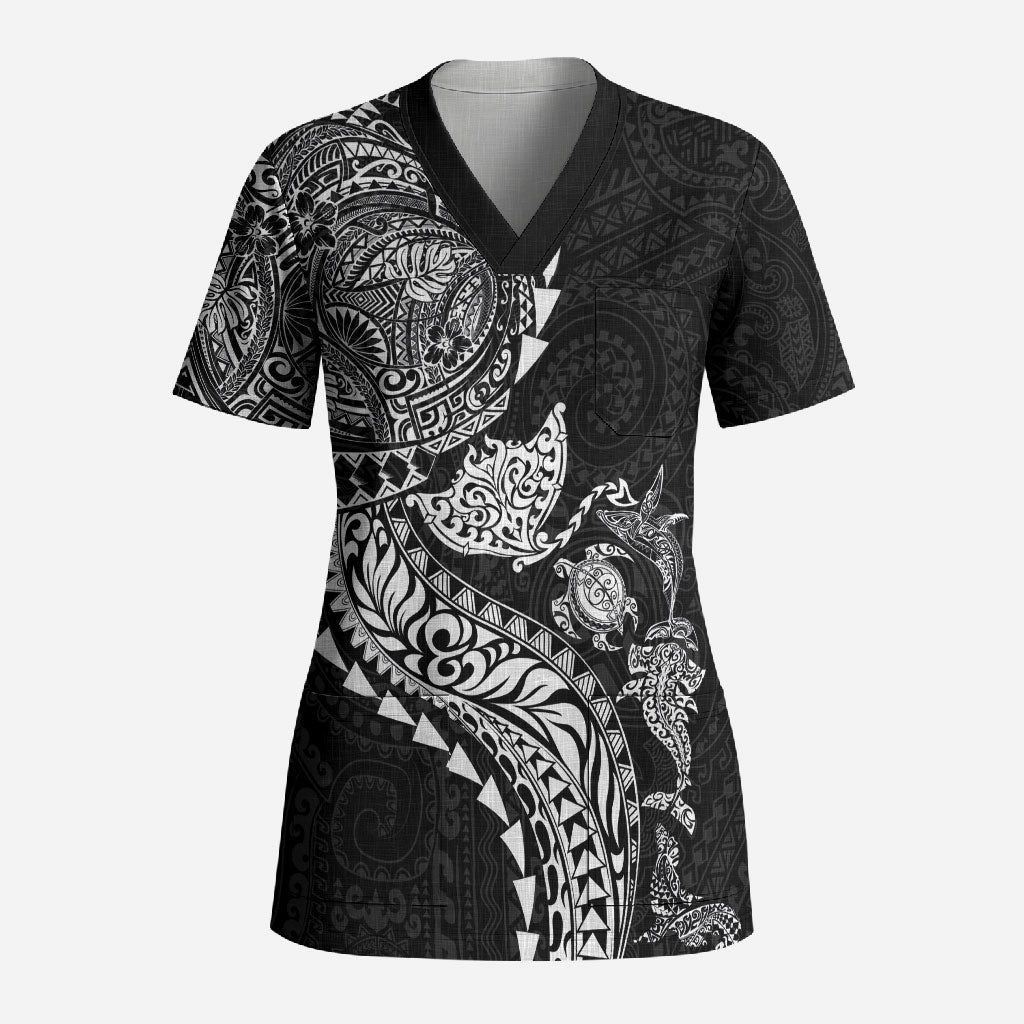 Hawaiian Kakau Tribal Sea Animals Tattoos Scrub Top Black Color