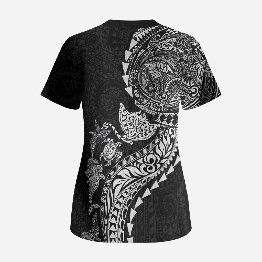Hawaiian Kakau Tribal Sea Animals Tattoos Scrub Top Black Color