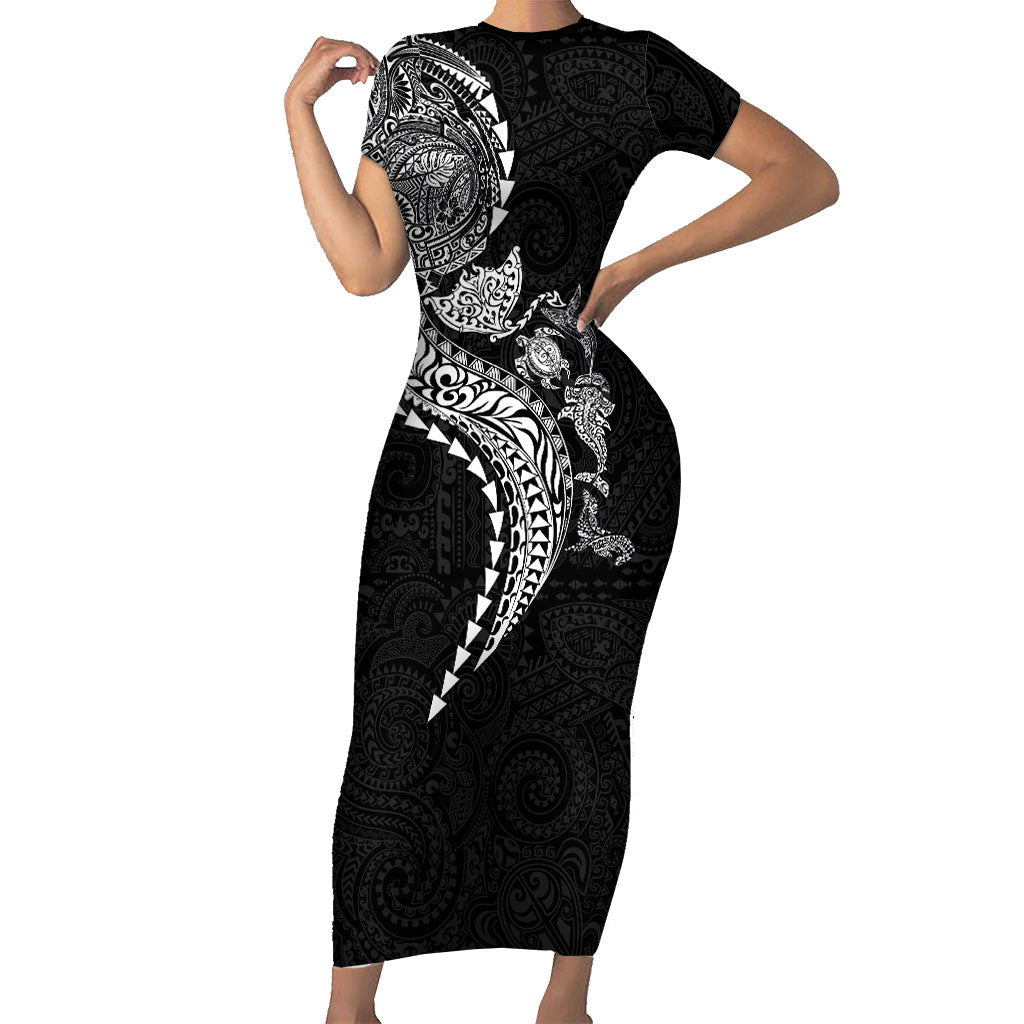 Hawaiian Kakau Tribal Sea Animals Tattoos Short Sleeve Bodycon Dress Black Color