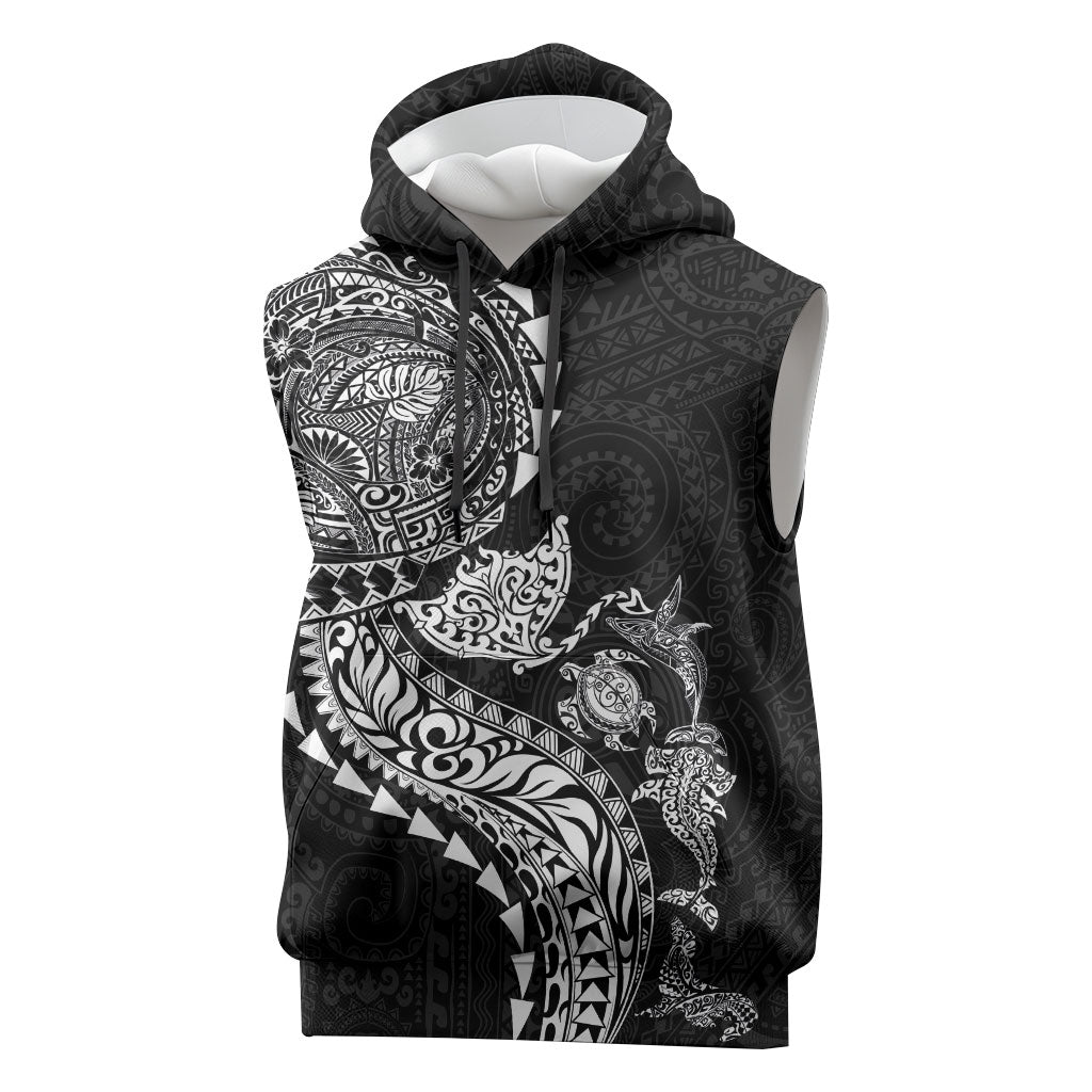 Hawaiian Kakau Tribal Sea Animals Tattoos Sleeveless Hoodie Black Color