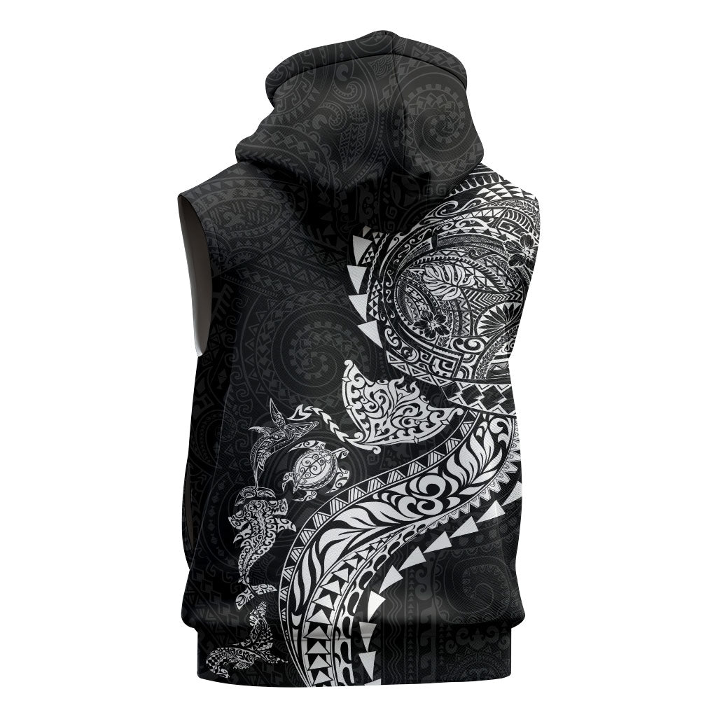 Hawaiian Kakau Tribal Sea Animals Tattoos Sleeveless Hoodie Black Color