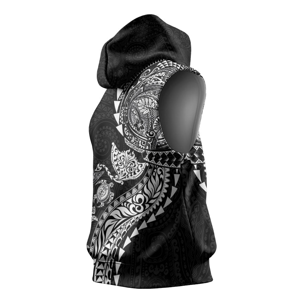 Hawaiian Kakau Tribal Sea Animals Tattoos Sleeveless Hoodie Black Color