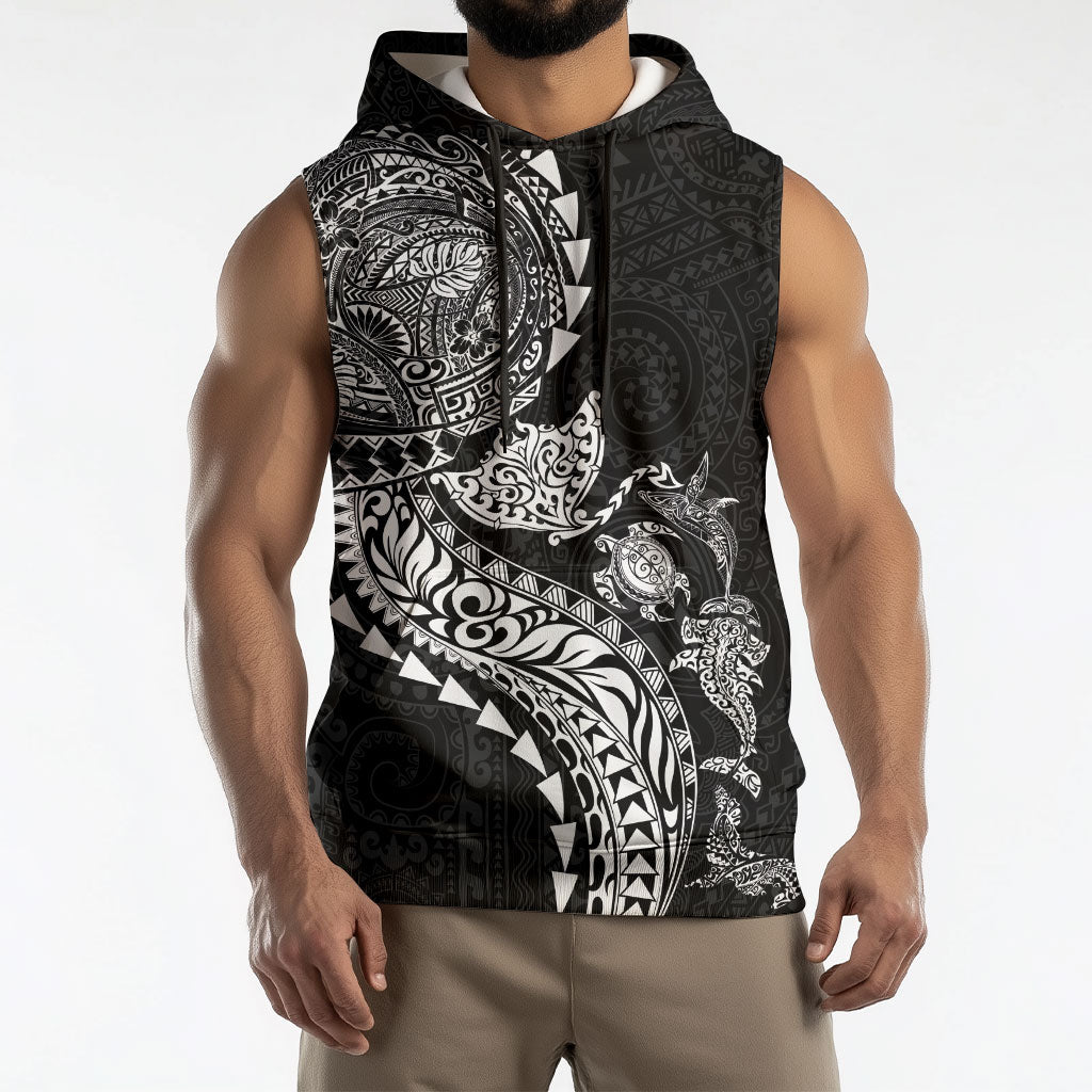 Hawaiian Kakau Tribal Sea Animals Tattoos Sleeveless Hoodie Black Color