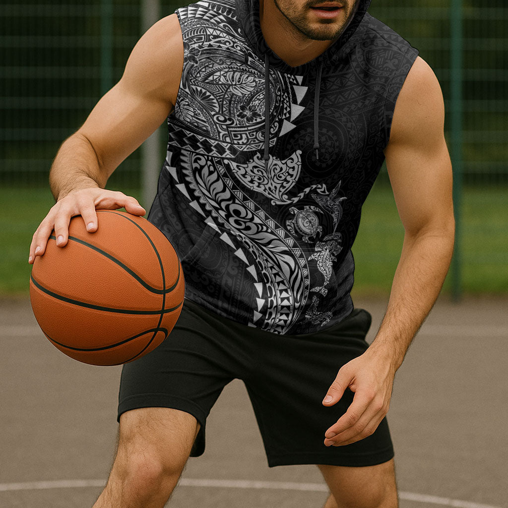 Hawaiian Kakau Tribal Sea Animals Tattoos Sleeveless Hoodie Black Color